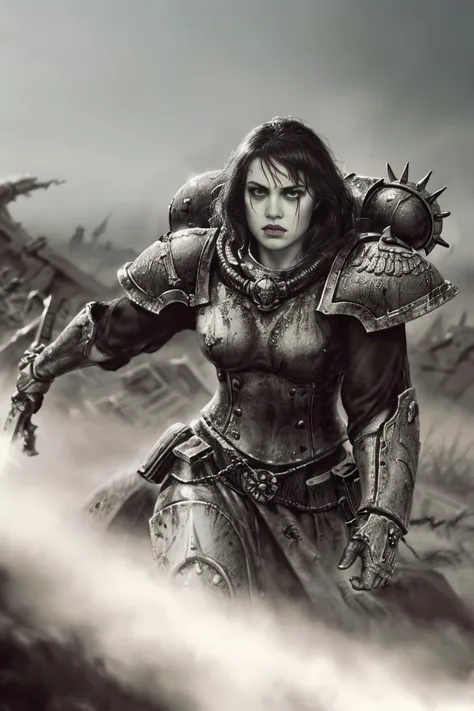 dramatic scene, ink wash, washed out painting, darkwave, desolate, warhammer:0.3, power_armor, award winning cinema poster art, sisters of battle, Adepta Sororitas, ruined battlefield, on a hill full of skulls, bold lines, expressive drawing, <lora:Luis Royo and Woman v.2:0.79>, 8K, (dynamic perspective), sharp focus, (depth of field, bokeh:1.3), extremely detailed, beautiful detailed eyes, cinematic lighting, ((masterpiece, best quality)), upper body <lora:adepta_sororitas_v1:0.73>