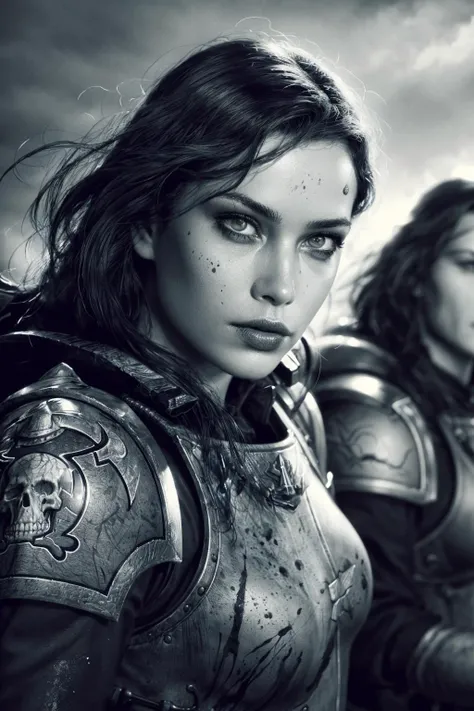 dramatic scene, ink wash, washed out painting, darkwave, desolate, warhammer:0.9, (power_armor), award winning cinema poster art, sisters of battle, Adepta Sororitas, on a hill full of skulls, bold lines, expressive drawing, <lora:Luis Royo and Woman v.2:0.64>, 8K, (dynamic perspective), sharp focus, (depth of field, bokeh:1.3), extremely detailed, beautiful detailed eyes, cinematic lighting, ((masterpiece, best quality)) <lora:adepta_sororitas_v1:0.45>