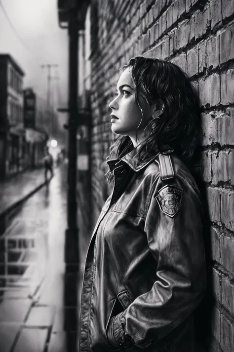 dramatic scene, ink wash, washed out painting, darkwave, desolate, antiutopia, noir, rain, policewoman, private detective, cyberpunk, neon glow, looking at viewer, accent lighting, faded, (soft focus:1.1) (from below:1), jacket, standing near the wall, hands in pockets, near the wall, brick wall on the background, gloomy surroundings, dark atmosphere, award winning cinema poster art, bold lines, expressive drawing, <lora:Luis Royo and Woman v.2:0.7>
, 8K, (dynamic perspective), sharp focus, (depth of field, bokeh:1.3), extremely detailed, beautiful detailed eyes, cinematic lighting, ((masterpiece, best quality))
