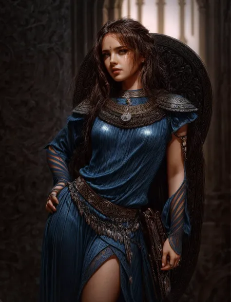 a woman, brunette, blue dress, silver collar, DUNE, Lady Jessica, lustful <lora:Luis Royo and Woman v.2:0.8>, (Extremely Detailed Oil Painting:1.2), glow effects, godrays, Hand drawn, render, 8k, octane render, cinema 4d, blender, dark, atmospheric 4k ultra detailed, cinematic sensual, Sharp focus, humorous illustration, big depth of field, Masterpiece, colors, 3d octane render, 4k, concept art, trending on artstation, hyperrealistic, Vivid colors, extremely detailed CG unity 8k wallpaper, trending on ArtStation, trending on CGSociety, Intricate, High Detail, dramatic, <lora:add_detail:2> <lora:epiNoiseoffset_v2Pynoise:1>