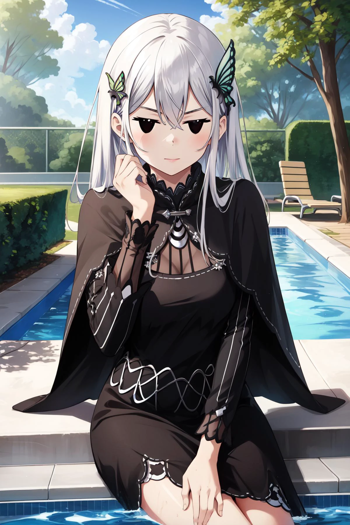 (masterpiece, best quality), intricate details,
1girl, <lora:rezero_echidna-10:0.8> rzechidna, butterfly hair ornament, black dress, long sleeves, black capelet
<lora:hotarueye_jitome4_v100:1> sitting by pool side, water,