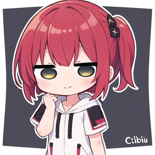 <lora:hotarueye_jitome1_v100:1>, 1girl, (chibi:1.4), smile, closed mouth, upper body, standing, , red hair,
