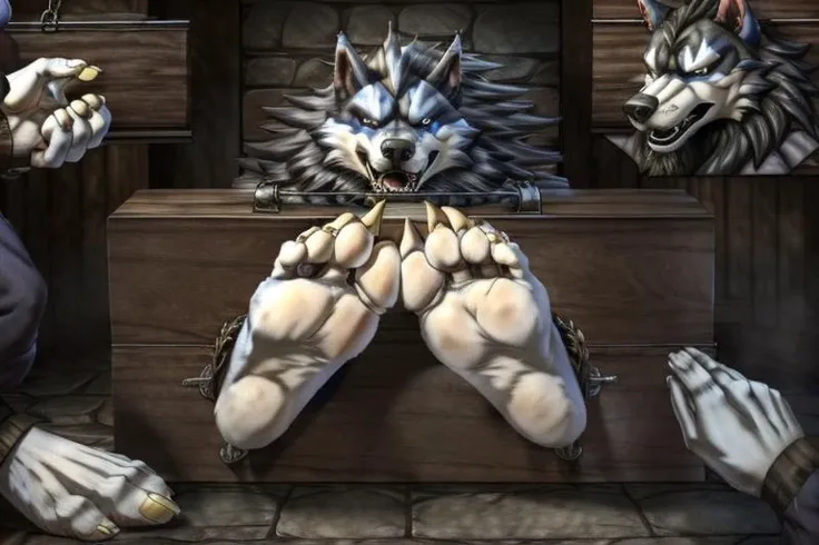 dark middle ages style big Dungeons , a jontalbain feet in locked pillory , stocks white feet feet display , big feet , yellow toenails , torture feet