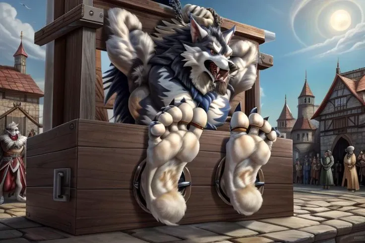 Middle Ages style castle public square , werewolf dressed gathered watching talbain , talbain growling , It's daytime and the light is facing jon talbain , hands chained above head , stocks white feet feet display , big feet , yellow toenails , public torture goats licking feet