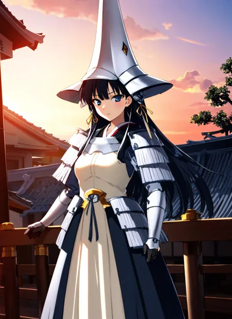 1girl, solo, masterpiece, best quality, highly detailed, illustration, uesugi kenshin (rance), outdoors, temple entrance, shinto, backlighting, sunset , sengoku era, standing, armor, helmet, looking at viewer, serious, portrait <lyco:UesugiKenshin-10:0.8>