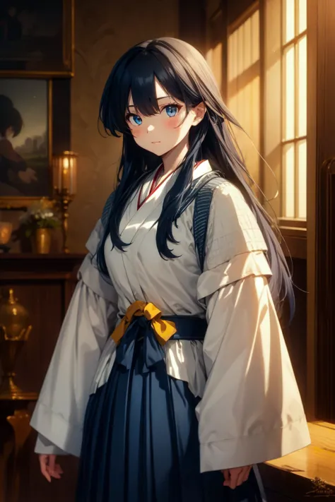 1girl, bangs, black_hair, blue_eyes, blue_hakama, blush, closed_mouth, eyebrows_visible_through_hair, hakama, hakama_short_skirt, hakama_skirt, indoors, japanese_clothes, kimono, long_hair, long_sleeves, looking_at_viewer, miko, off_shoulder, skirt, solo, white_kimono, wide_sleeves