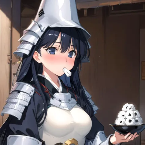 1girl, solo, masterpiece, best quality, highly detailed, illustration, uesugi kenshin (rance), outdoors, village, east asian architecture, upper body, armor, helmet, eating onigiri, blush, <lora:Kenshin-10:0.75>