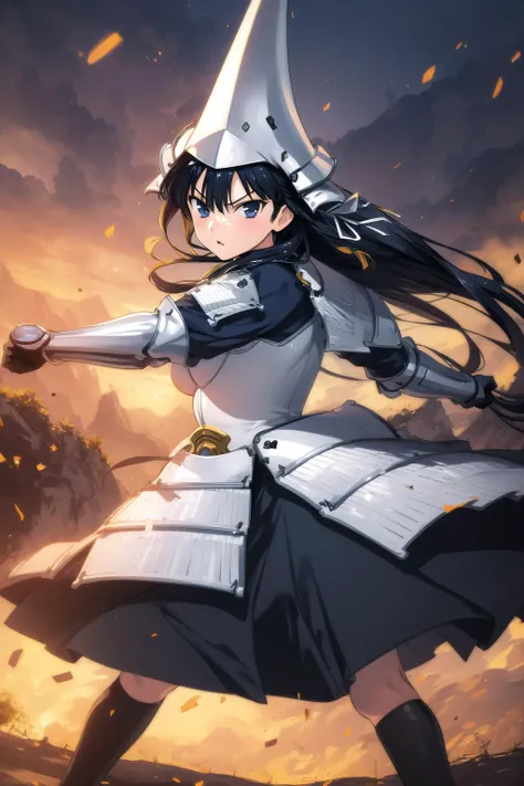 1girl, solo, masterpiece, best quality, highly detailed, illustration, uesugi kenshin (rance), outdoors, battlefield, standing, fighting stance, armor, helmet, looking at viewer, angry, <lora:Kenshin-10:0.75>
