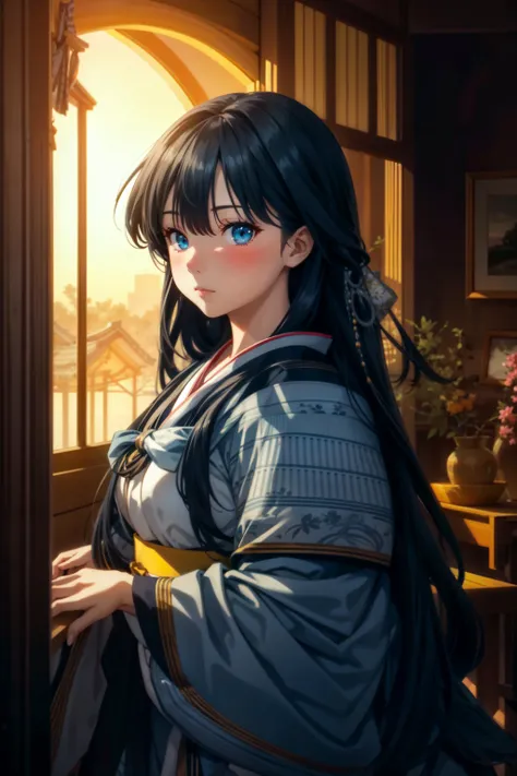 1girl, bangs, black_hair, blue_eyes, blush, braid, breasts, closed_mouth, crossed_arms, indoors, japanese_clothes, kimono, long_hair, long_sleeves, looking_at_viewer, solo, sunset, upper_body, very_long_hair, wide_sleeves