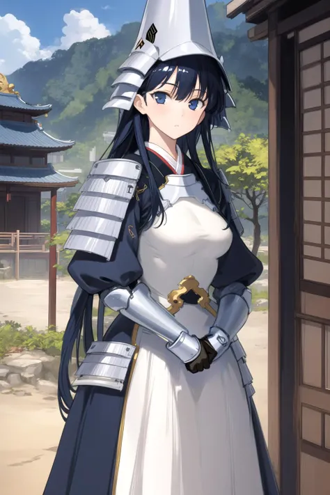 1girl, solo, masterpiece, best quality, highly detailed, illustration, uesugi kenshin (rance), outdoors, village, east asian architecture, standing, armor, helmet, looking at viewer, expressionless, <lora:Kenshin-10:0.75>