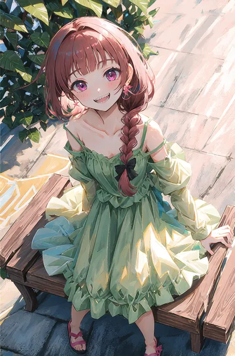 masterpiece, best quality, ultra-detailed, illustration, <lora:KikuriHiroi:1>, dark pink hair, magenta eyes, braided ponytail, ribbon, strap slip, bangs, long green dress, bare shoulders, earrings, drunk, smile, solo, looking at viewer, from above, bench, street, sharp teeth