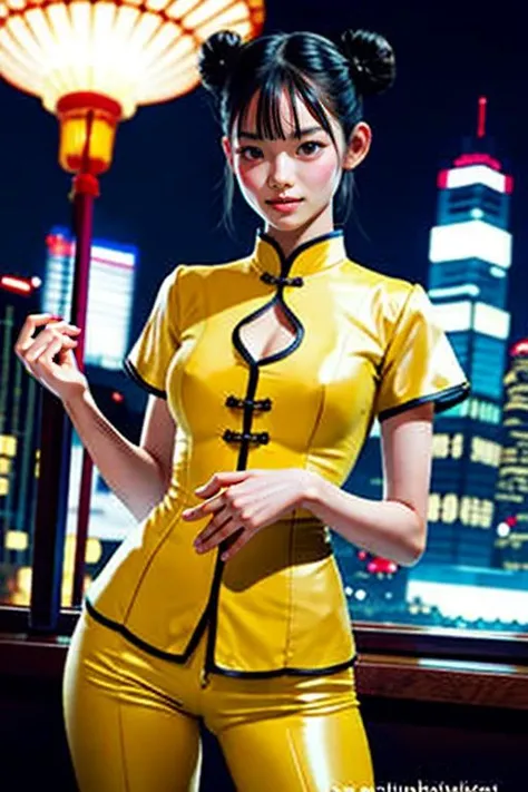 (best quality,masterpiece:1.2),high detail,photo realistic,(((1girl))),<lora:kohaku_v01-000006:1>,kohaku,18 years old girl,bangs,((double bun)),black hair,long hair,bright skin,(((flat chest))),(perfect face:1.3),bright lighting,beautiful detailed eyes,(beautiful detailed nose),(extremely detailed face:1.2),perfect lighting,pov,slender body,nsfw, full-body,thin legs,(thin thigh:1.1),((standing)),contrapposto,spread legs,from below,((big chinese clothes)),kung fu suits,sneaker,(bukabuka clothes),(bukabuka pants),see behind shanghai city,night view of shanghai,city lights,