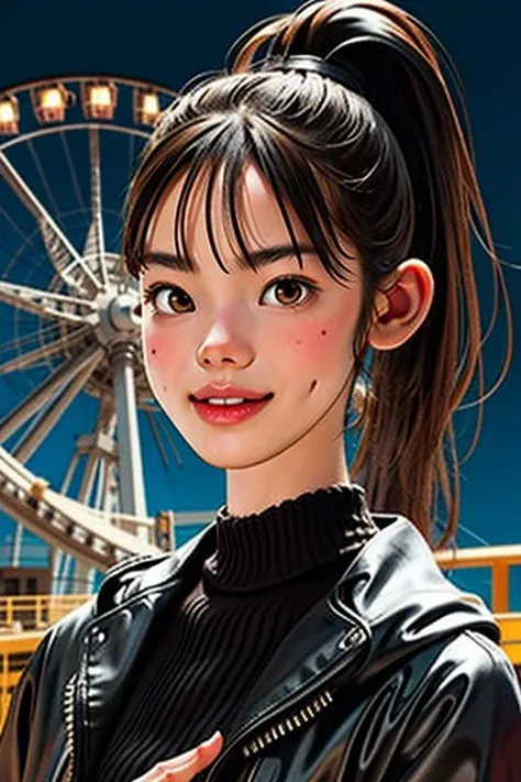 (best quality,masterpiece:1.2),1girl,high detailed face,col,night,many stars on sky,face focus,cowboy shot,looking at viewer,BREAK,
<lora:kohaku_v01-000006:1.2>,((broun eyes)), miniskirt,bangs,ponytail,
something kawaii around her,yellow knit brouse,themepark,ferris wheel,see a roller coaster behind,city lights,