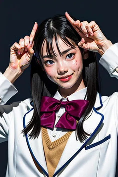 (best quality,masterpiece:1.2),high detail,photo realistic,(((1girl))),(((face focus))),portrait,<lora:kohaku_v01-000006:1>,kohaku,14 years old girl,bangs,black hair,long hair,bright skin,(((flat chest))),(school uniform),((white blazer)),maroon bow-tie,navy check skirt,((yellow sweater)),(Black Loafers),ankle socks,(perfect face:1.3),bright lighting,beautiful detailed eyes,(beautiful detailed nose),(extremely detailed face:1.2),perfect lighting,(((simple background))),smile,