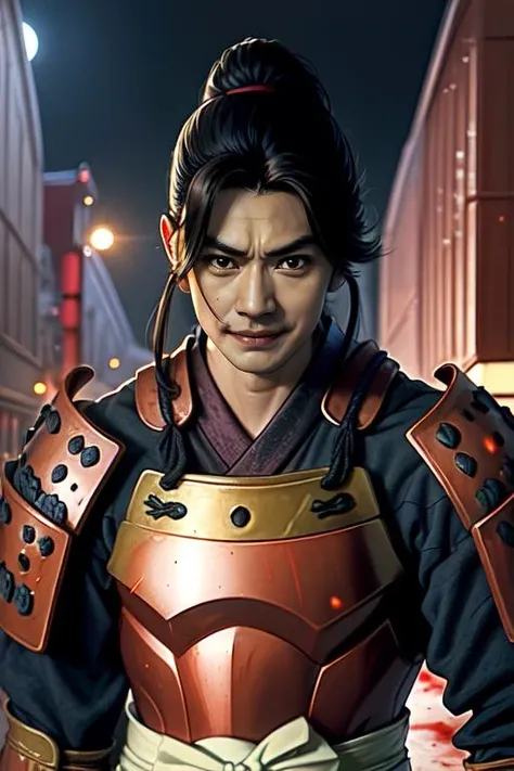 Samanosuke,black eyes, brown eyes, ponytail,
red japanese armor , blood on armor,
standing,solo, upper body, smile,
Japanese building, nighttime,moon,Sengoku period,
(insanely detailed, beautiful detailed face, masterpiece, best quality)
<lora:Samanosuke:0.8>