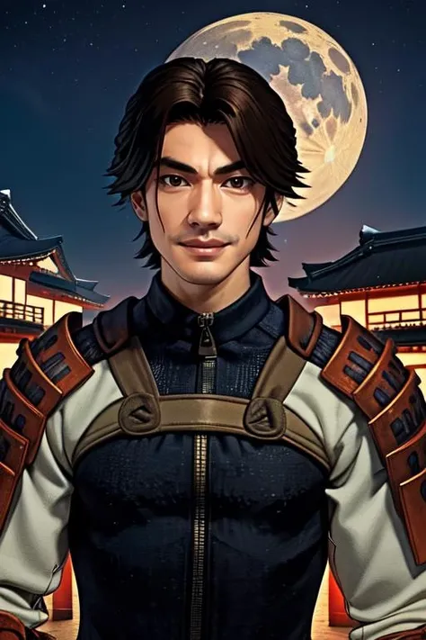 Samanosuke,black eyes, brown eyes, short hair,
red japanese armor , black vest, zipper,
standing,solo, upper body, smile,
Japanese building, nighttime,moon,Sengoku period,
(insanely detailed, beautiful detailed face, masterpiece, best quality)
<lora:Samanosuke:0.8>