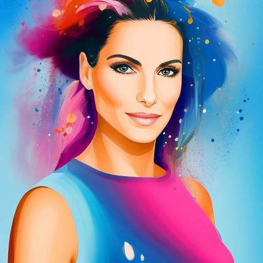 award winning half body portrait of sks woman in a croptop and cargo pants with ombre navy blue teal hairstyle with head in motion and hair flying, paint splashes, splatter, outrun, vaporware, shaded flat illustration, digital art, trending on artstation, highly detailed, fine detail, intricate