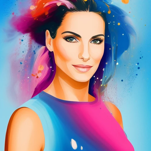 award winning half body portrait of sks woman in a croptop and cargo pants with ombre navy blue teal hairstyle with head in motion and hair flying, paint splashes, splatter, outrun, vaporware, shaded flat illustration, digital art, trending on artstation, highly detailed, fine detail, intricate