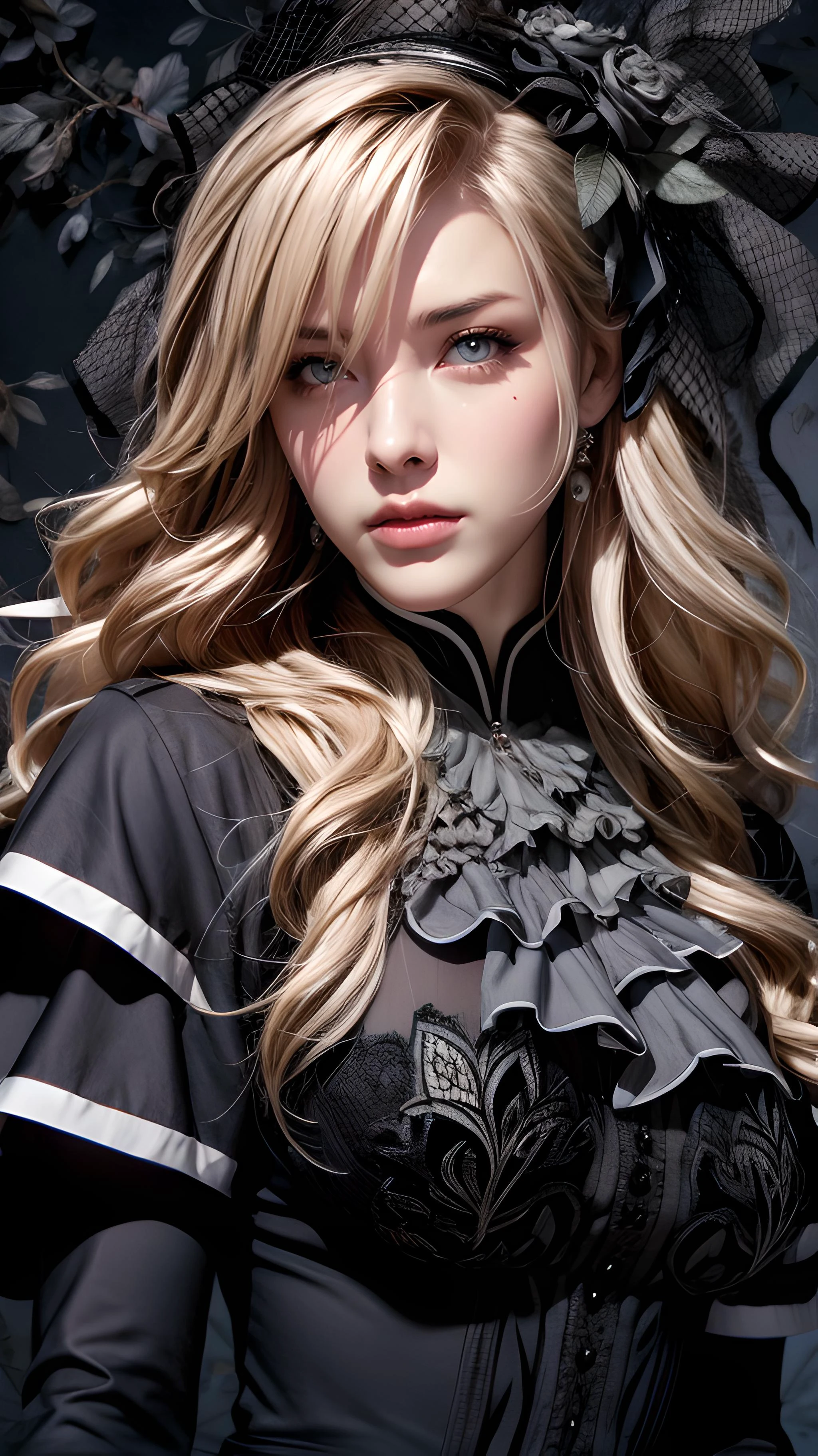 (masterpiece, (best quality:1.4), [:intricate details:0.2]), kriemhild, blue eyes, long hair, mole, mole under eye, pale skin, white hair, wavy hair,, ascot, black capelet, black dress, black flower, black gloves, black headwear, black rose, capelet, dress, flower, gloves, hat, long sleeves, rose, veil,, beautiful body, Beautiful Nose, Beautiful character design, perfect eyes,perfect face, alluring, wallpaper,perfect lighting, Colorful,ultra highres, 8K, HDR,
<lora:add_detail:1>,
<lora:kriemhild-lora-nochekaiser:0.8>  ,