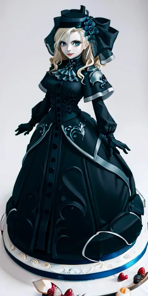 <lora:WhippedCreamTopStyle:0.3> WhippedCreamTopStyle,(CakeStyle:1.5) <lora:kriemhild-lora-nochekaiser:1> dress,Marzipan cake shaped like kriemhild dress. <lora:CakeStyle:1>,blue eyes, long hair, mole under eye, pale skin, white hair, wavy hair,ascot, (black:1.5) dress, black (capelet,flower, gloves, headwear, rose), hat, long sleeves, rose, veil
BREAK
(white background, simple background, full body:1),(gigantic breasts:1),seductive smile,(smug:1),looking at viewer