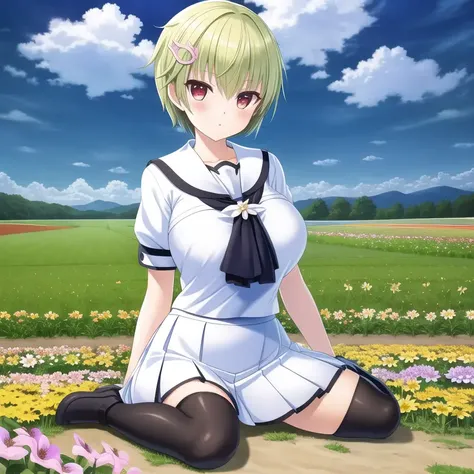 ((masterpiece)),(((best quality))), ((ultra-detailed)), ((illustration)), masterpiece, best quality, highres, {beautiful detailed eyes}, finely detail, 4k wallpaper, insanely detailed frills, extremely detailed lace, BLUE SKY, There are many scattered luminous petals, colorful flowers,
1girl, solo, (short blonde hair:1.2), (red eyes:1.0), gigantic breasts, (wearing white serafuku and white skirt:1.0), (hair ornament:1.1), (wariza on flower field:1.2), black thighhighs, (full body:1.2)