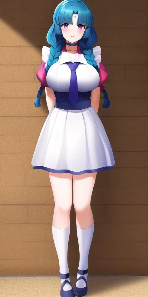 masterpiece, best_quality, highres, <lora:VfdCnl:0.65>, vfdcnl, large_breasts, VfdOft, solo, twin_braids, arms_behind_back