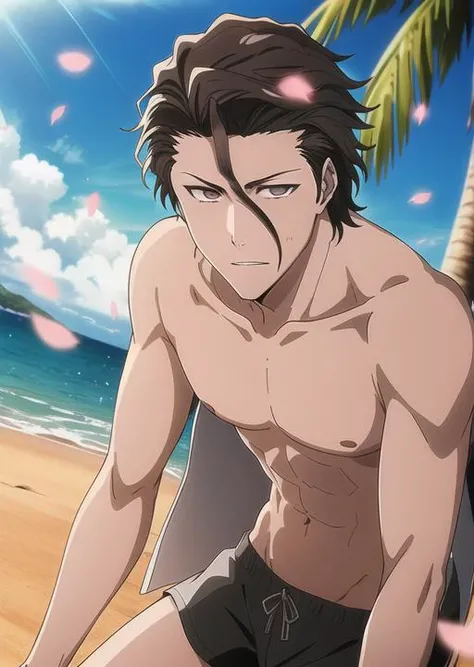 <lora:steinsgate_okabe-10:1> okabe rintaro, topless, black swim shorts
masterpiece, best quality, absurdres, beach, blush, embarrassed