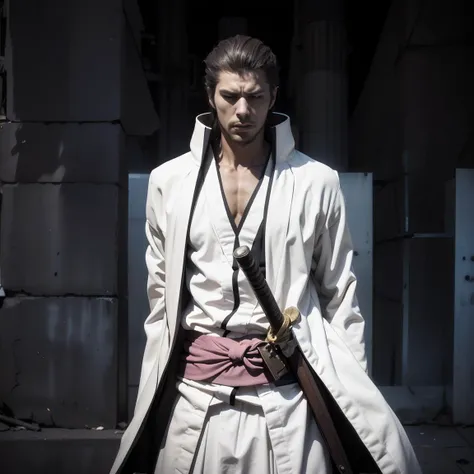 masterpiece, best quality, ultra high res, highly detailed, ominous, dark themed villain, (at night), male samurai, Aizen, wearing (white kimono, white hakama, white haori), looking for the viewer, (brown hair), (inside an dilapidated Gothic castle), (katana sword on belt), (pink belt),  surrounded by flickering candles, orchestrating her sinister plans , perfect lighting, perfect shading,   <lora:Addams:0.7>,  <lora:bleach_style_offset:0.5>