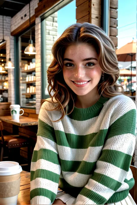 Hannah_Stein, a beauty, (girl sitting at a table, wearing a green striped white sweater, with some soft freckles, a white skirt, looking forward, smiling, early morning, at the table of a coffee shop, a cup of coffee on her table, in the background a bid window that lead to a street, rustic room:1.2), brown eyes, close-up portrait, cell shaded, wavy hair, detailed, hdr, epic background, line art, digital illustration, comic style, dynamic, highly detailed, artstation, concept art, smooth, sharp focus, illustration, detailed background, 60-30-10 color rule, warm tones, godrays, global illumination, detailed and intricate environment <lora:Hannah_Stein:0.8>