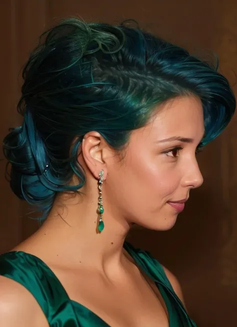 jasmine_trinca,with blue hair wearing a green dress and earrings,with a dark background and a blue smoke,by Franois Quesnel,
<lora:jasmine_trinca-65:0.8>,