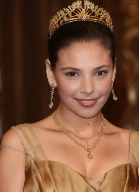 jasmine_trinca, wearing a gold dress and jewelry with a tiara on her head and a necklace on her neck with ((happy face)), masterpiece, best quality, CG, detailed light, extremely detailed, royalty, HDR, intricate details,brown eyes
<lora:jasmine_trinca-65:0.8>,