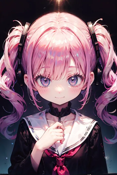 absurdres, highres, (ultra detailed:1.0), BREAK 1girl,smiling face ,kawaii, pink hair, twintails, dark room, serafuku, upper body, close up, portrait,(cinematic lighting,flare effect:1.4),Black Cardigan, low-key lighting, moody ambiance, dark shadows, subtle highlights, mysterious aura, evil smile,