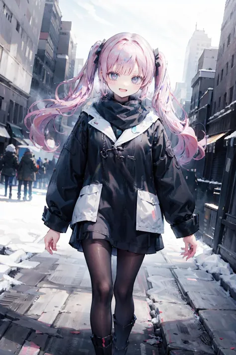 absurdres, highres, (ultra detailed:1.0), BREAK 1girl,smiling face ,open mouth,kawaii, pink hair, twintails, (Fashionable winter clothing:1.2), scarves,cyberpunk city, (dramatic angle, walking:1.3), dutch angle