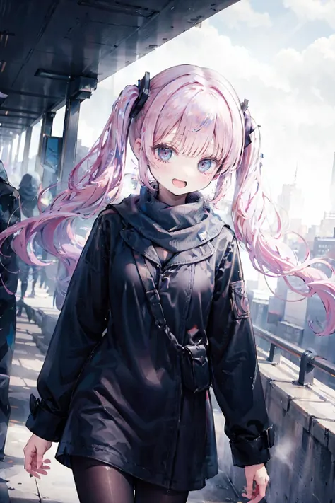 absurdres, highres, (ultra detailed:1.0), BREAK 1girl,smiling face ,open mouth,kawaii, pink hair, twintails, (Fashionable winter clothing:1.2), scarves,cyberpunk city, (dramatic angle, walking:1.3), dutch angle,( lower body:1.5)