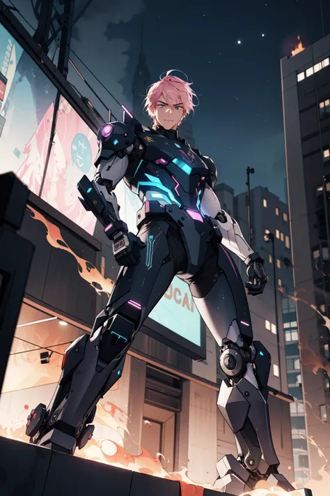 (absurdres, highres, ultra detailed), masterpiece, best quality, cowboy shot, dutch angle, finely detailed eyes and detailed face, intricate details, complex background, cinematic lighting, 1boy, mature, handsome, tall muscular guy, broad shoulders, solo, pink hair, turquoise eyes, very short hair, undercut, in the middle of a fight, colorful flame effect, very strong, angry, battle action, dynamic angle, fighter, powerful, best ratio four finger and one thumb, (absurdres, highres, ultra detailed, masterpiece, best quality), full body, dutch angle, finely detailed eyes and detailed face, intricate details, complex background, cinematic lighting, 1boy, mature, handsome, tall muscular guy, broad shoulders, solo, lime hair, black eyes, night sky, streets, cyberpunks, modern, future, science fiction, scientific, robotic, neon signs, electronic signboards, illuminated buildings, windows, murky, wet, looking away, smile