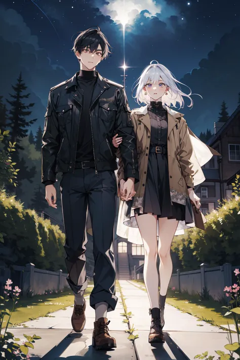 (absurdres, highres, ultra detailed), masterpiece, best quality, 2others, 1boy with 1girl, full body, mature, Height difference, different fashion, different color, finely detailed eyes and detailed face, complex background, intricate details, complex background, outdoor, spring, garden, night, starry sky, modern urban style, old leather jacket , Meadow_in_a_high-altitude_region,