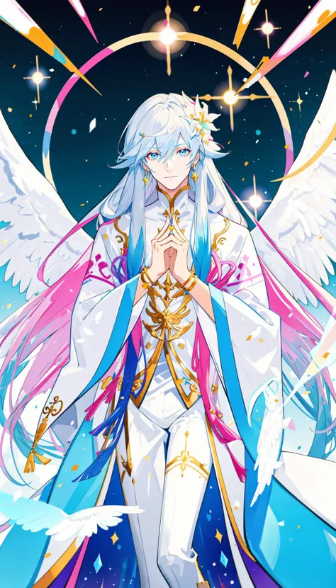 masterpiece, best quality, 1 male, handsome, tall muscular guy, pastel color long hair, fantasy, complex pattern, detailed face, angel wings, lens flare, colorful, glow white particles, white robe, gold bracelets and accessories, prism, glowing, glitter, particles, bloom, likes to celebrate and have fun, enjoys nature, bright and optimistic outlook, creative and adventurous spirit, represents happiness and harmony
