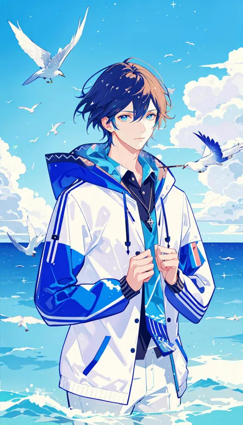 masterpiece, best quality, 1 male, handsome, very short hair, complex pattern, detailed face, best ratio four finger and one thumb, upper body, casual clothes, oversized hood, ocean background, many birds, blue sky full of extremely brilliant clouds, sparkling horizon, glittering debris