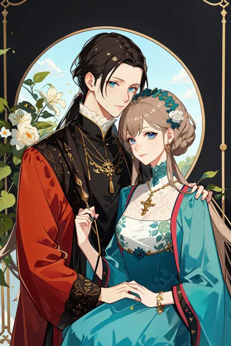 masterpiece, best quality, 2others, couple, 1man with 1woman, mature, adult, Height difference, different fashion, different color, finely detailed eyes and detailed face, intricate details, happy, love, fantasy, 18th-century European aristocratic style, noble, garden, Baroque