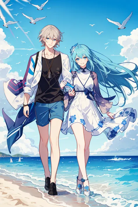 masterpiece, best quality, 2others, couple, 1man with 1woman, mature, adult, Height difference, different fashion, different color, finely detailed eyes and detailed face, intricate details, happy, love, smile, casual clothes, long sleeves, swirling wind, blue sky, ocean, beach