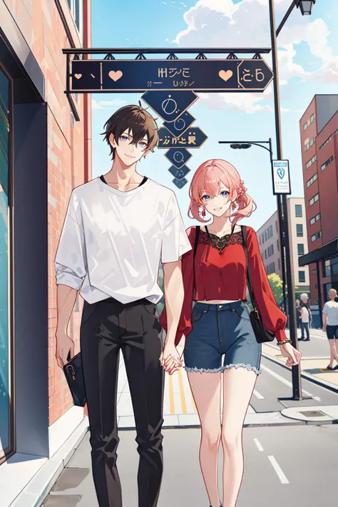 masterpiece, best quality, 2others, couple, 1man with 1woman, mature, adult, Height difference, different fashion, different color, finely detailed eyes and detailed face, intricate details, casual clothes, oversized shirt, modern urban street, holding hands, smile, happy, love