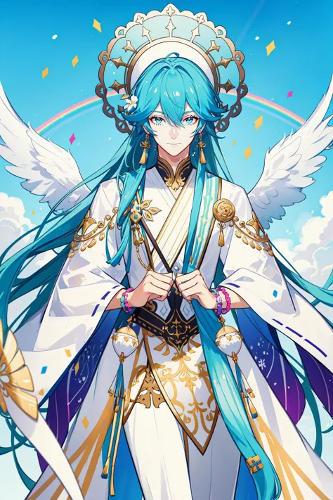masterpiece, best quality, 1 male, handsome, tall muscular guy, pastel color long hair, fantasy, complex pattern, detailed face, angel wings, lens flare, colorful, glow white particles, white robe, gold bracelets and accessories, prism, glowing, glitter, particles, bloom, likes to celebrate and have fun, enjoys nature, bright and optimistic outlook, creative and adventurous spirit, represents happiness and harmony