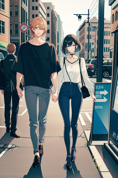 masterpiece, best quality, 2others, couple, 1man with 1woman, mature, adult, Height difference, different fashion, different color, finely detailed eyes and detailed face, intricate details, casual clothes, oversized shirt, modern urban street, holding hands, smile, happy, love