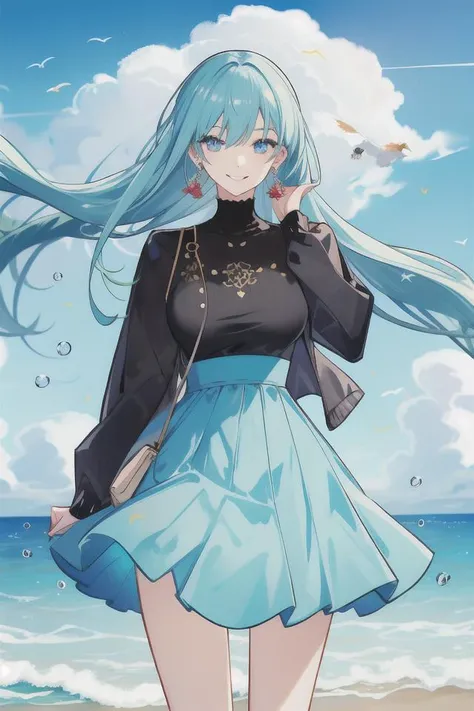 masterpiece, best quality, 2others, couple, 1man with 1woman, mature, adult, Height difference, different fashion, different color, finely detailed eyes and detailed face, intricate details, happy, love, smile, casual clothes, long sleeves, swirling wind, blue sky, ocean, beach
