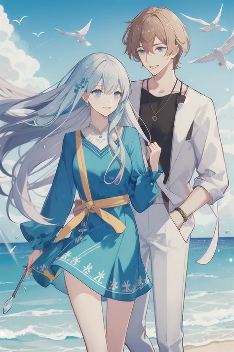 masterpiece, best quality, 2others, couple, 1man with 1woman, mature, adult, Height difference, different fashion, different color, finely detailed eyes and detailed face, intricate details, happy, love, smile, casual clothes, long sleeves, swirling wind, blue sky, ocean, beach