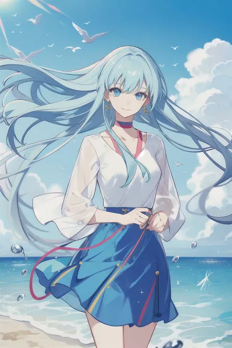 masterpiece, best quality, 2others, couple, 1man with 1woman, mature, adult, Height difference, different fashion, different color, finely detailed eyes and detailed face, intricate details, happy, love, smile, casual clothes, long sleeves, swirling wind, blue sky, ocean, beach