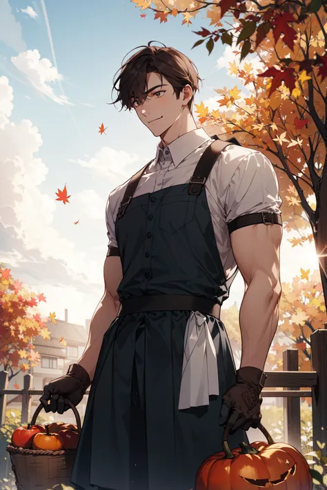 (absurdres, highres, ultra detailed, masterpiece, best quality), cowboy shot, dutch angle, finely detailed eyes and detailed face, intricate details, complex background, cinematic lighting, 1boy, mature, handsome, tall muscular guy, broad shoulders, solo, brown hair, odd eye, Autumn, orchard, harvest season, Thanksgiving, farmer, apron, gloves, boots, basket full of fruit, fence, fruit tree, apple, persimmon, pumpkin, peaceful, sunset, cloudy sky, maple, looking away, smile