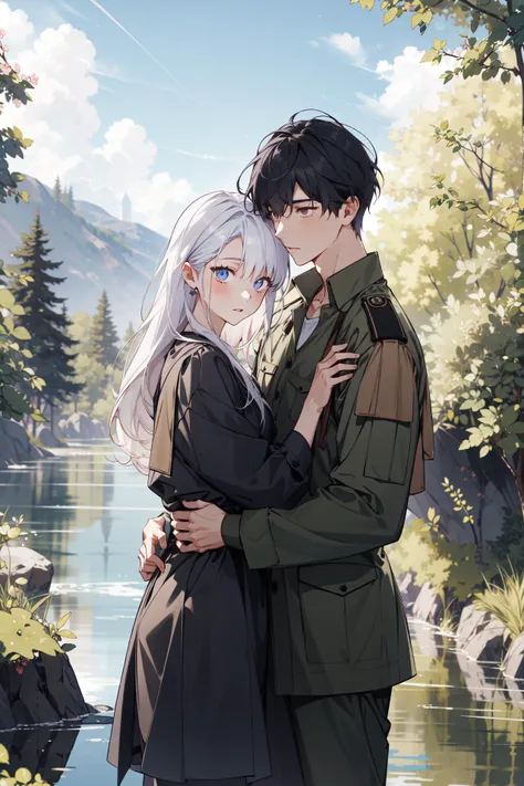 (absurdres, highres, ultra detailed), masterpiece, best quality, (2others, 1boy with 1girl), cowboy shot, hug, mature, Height difference, different fashion, different color, finely detailed eyes and detailed face, complex background, intricate details, complex background, outdoor, summer, forest, blue sky, sunlight, sunshine, cloudy sky, modern urban style, military uniform , Narrow_and_steep-sided_valley_with_a_stream_or_river, depth of field,