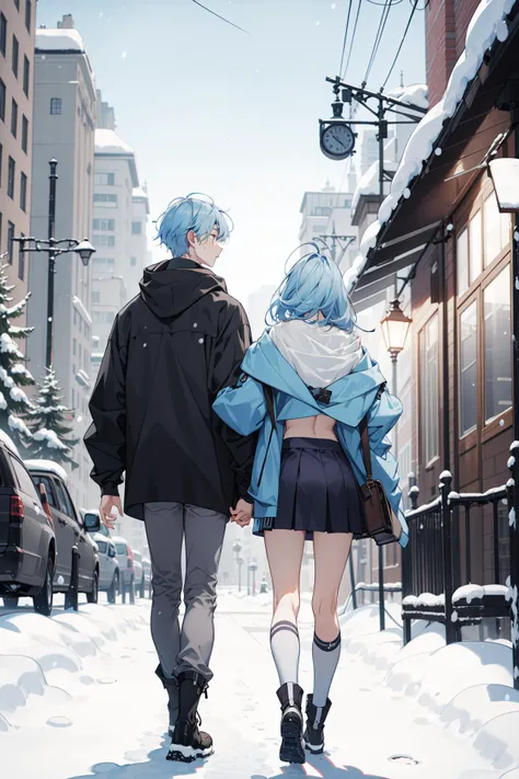 (absurdres, highres, ultra detailed), masterpiece, best quality, ((2others, 1boy with 1girl)), full body, mature, Height difference, different fashion, different color, finely detailed eyes and detailed face, complex background, intricate details, complex background, outdoor, snow, winter, daybreak, modern urban style, crop top, miniskirt , bookstore, depth of field, from back, light blue hair, black hair