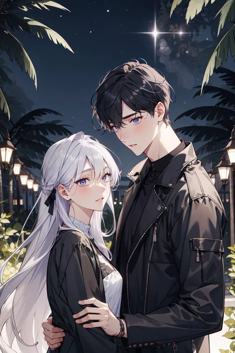 (absurdres, highres, ultra detailed), masterpiece, best quality, (2others:2, 1boy with 1girl), upper body, mature, Height difference, different fashion, different color, finely detailed eyes and detailed face, complex background, intricate details, complex background, outdoor, spring, garden, night, starry sky, modern urban style, old leather jacket , Tropical_Garden, depth of field